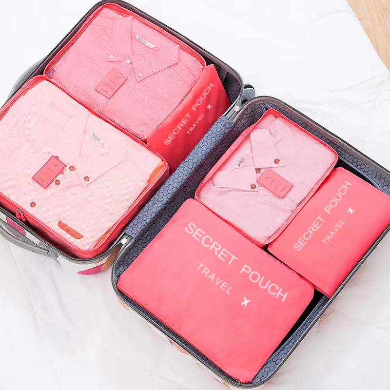 6-Piece Set of Large Capacity Waterproof Travel Storage Bags in Pink, Blue, and Grey with Zipper for Luggage and Clothing Organization