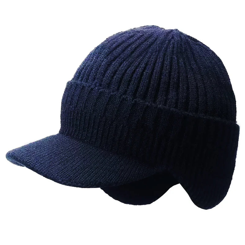 Men's Winter Outdoor Hat with Ear Protection - Warm Thick Knitted Cap, Scarf, and Windproof Visor for Cycling