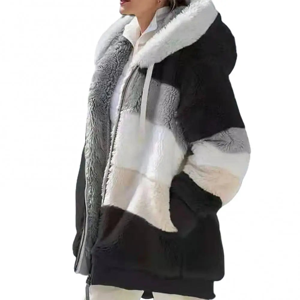 Women's Fleece Parka - Autumn and Winter Long Sleeve Color Block Hooded Jacket with Zipper