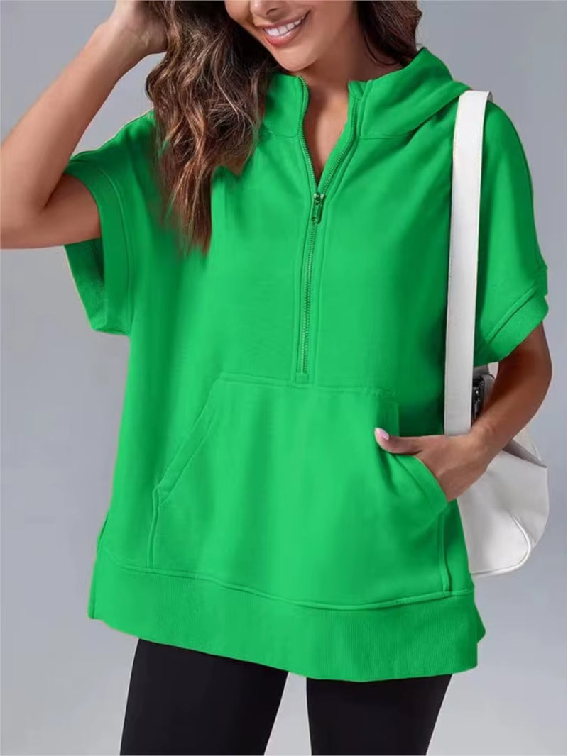 Women's Casual High Street Hooded Sweatshirt with Zipper and Pockets - Short Sleeve Solid Design
