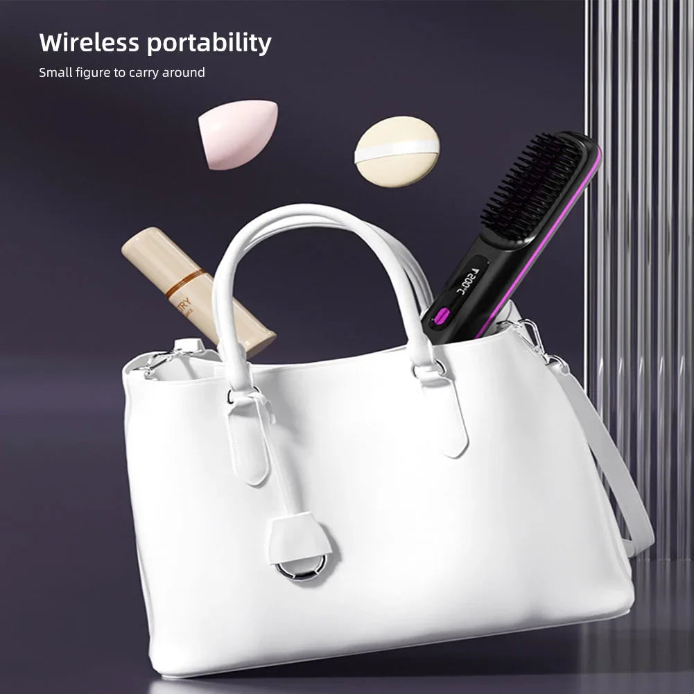 Cordless USB Rechargeable Hair Straightener Brush with Negative Ion Technology for Styling and Detangling