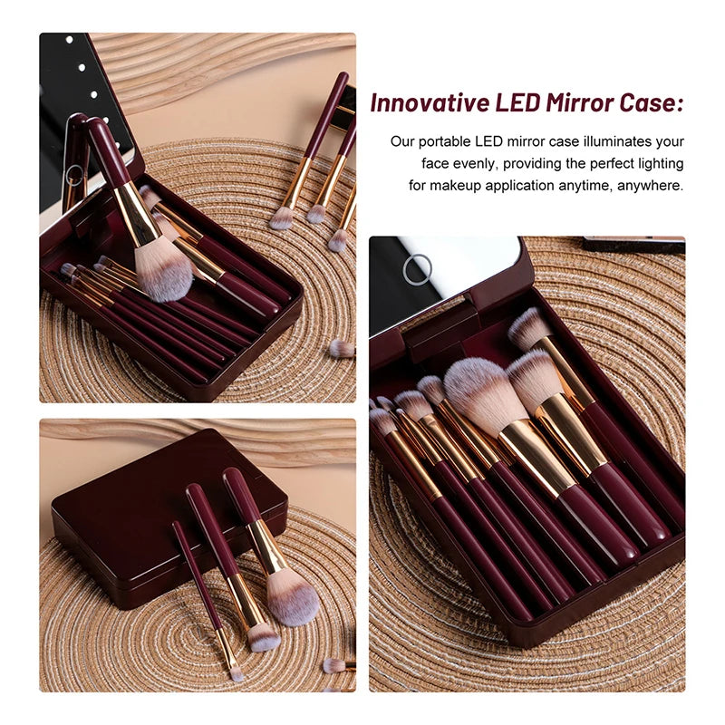 14-Piece Professional Makeup Brush Set with Illuminated Mirror and USB Rechargeable Short Handle Brushes