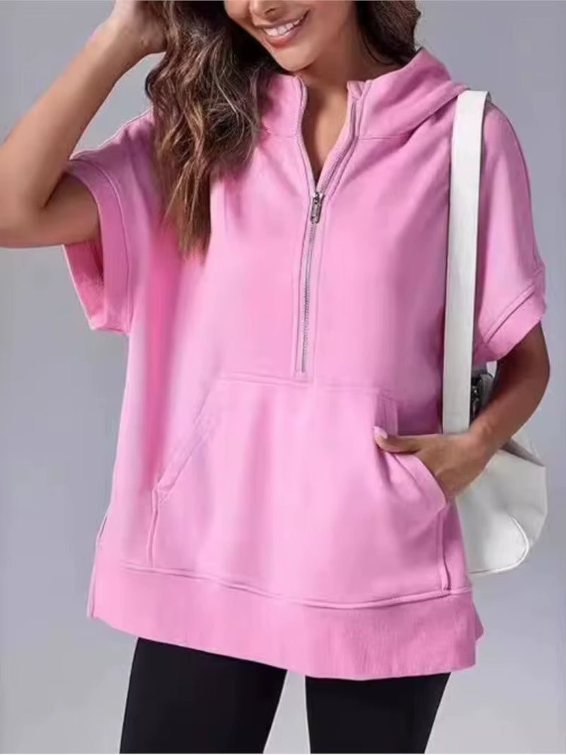 Women's Casual High Street Hooded Sweatshirt with Zipper and Pockets - Short Sleeve Solid Design