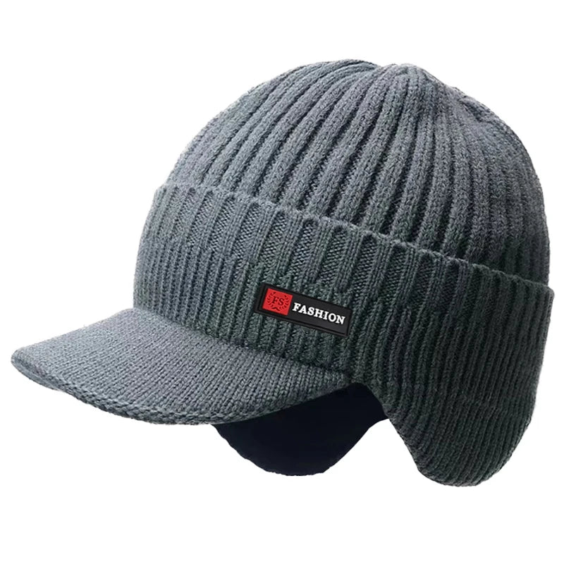 Men's Winter Outdoor Hat with Ear Protection - Warm Thick Knitted Cap, Scarf, and Windproof Visor for Cycling
