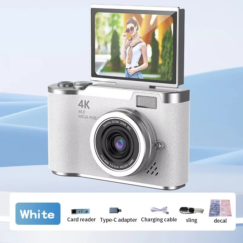 4K CCD Digital Camera - 48MP Compact Photography Camera with 180° Flip Screen for Students and Beginners