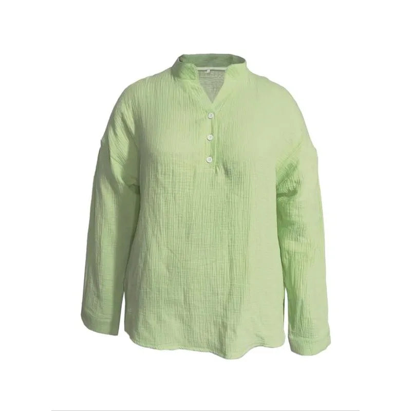 Plus Size Women's Casual Button-Up Shirts - Summer Loose Pleated V-Neck Long Sleeve Blouses (1XL-5XL)