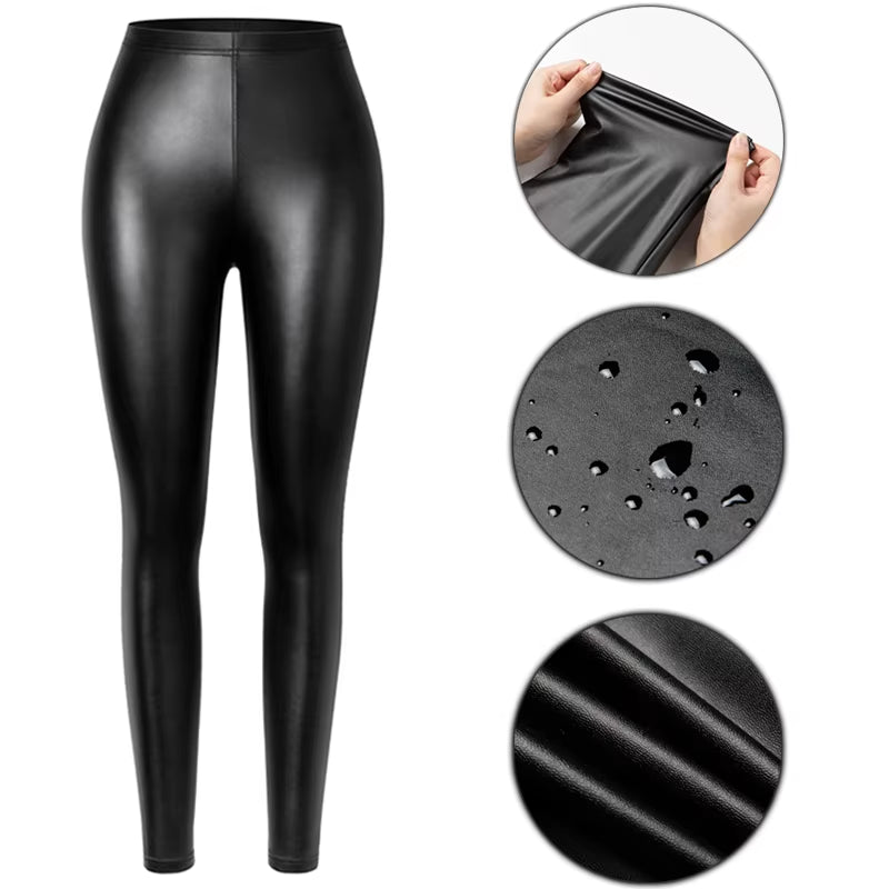 PU Faux Leather Women's Leggings - Stylish Stretchy Fitness Pants, Warm, Waterproof, and Push-Up Design