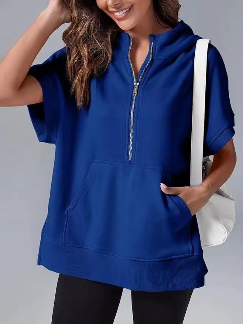 Women's Casual High Street Hooded Sweatshirt with Zipper and Pockets - Short Sleeve Solid Design