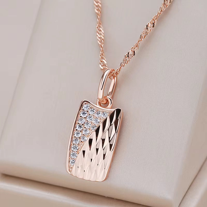 Hot Square Pendant Necklace for Women 585 Rose Gold Color with Natural Zircon Accessories Ethnic Bride Wedding Jewelry