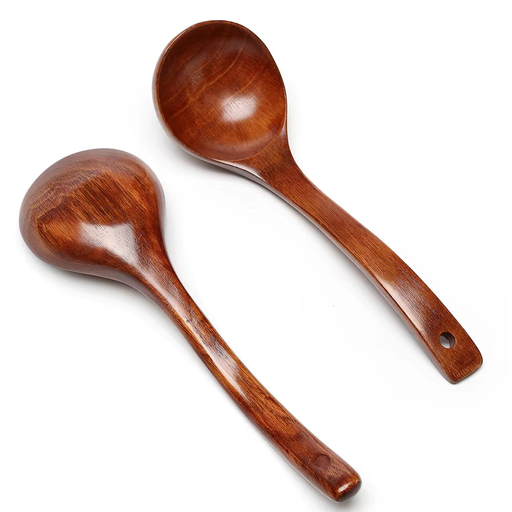 Natural Wooden Large Soup Ladle with Long Handle - Versatile Cooking Scoop for Ramen, Rice, and Catering Tableware