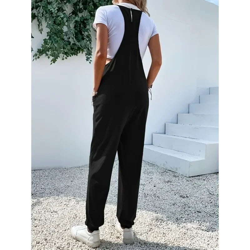 Plus Size Casual Summer Women's Loose Sleeveless Wide Leg Jumpsuit with Pockets - Comfortable and Breathable Clothing (1XL-5XL)