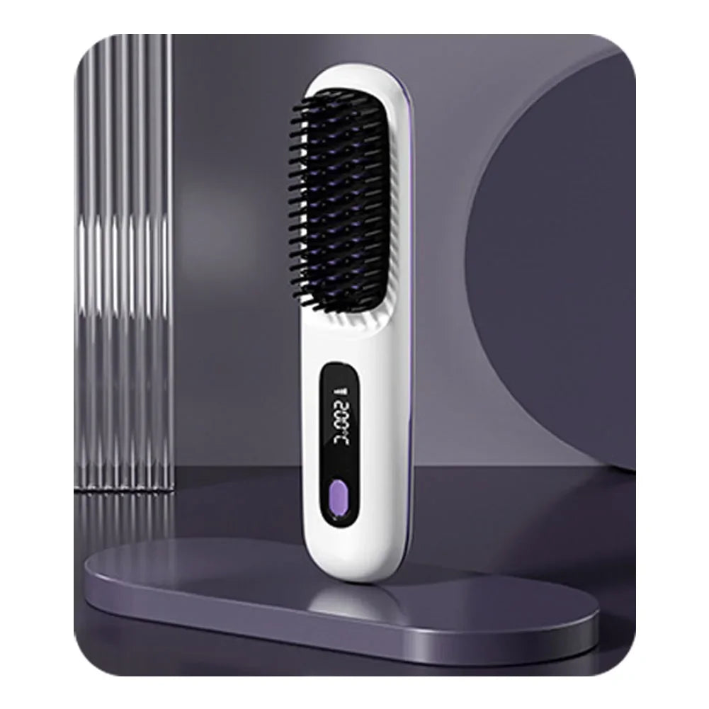 Cordless USB Rechargeable Hair Straightener Brush with Negative Ion Technology for Styling and Detangling