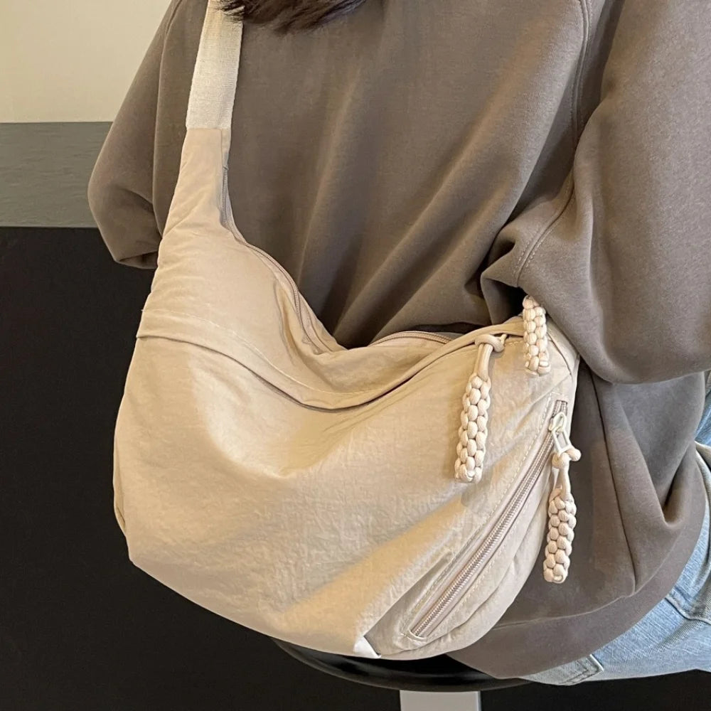 Canvas Lightweight Solid Color Dumpling Crossbody Bag - Large Capacity Korean-Inspired Shoulder Bag