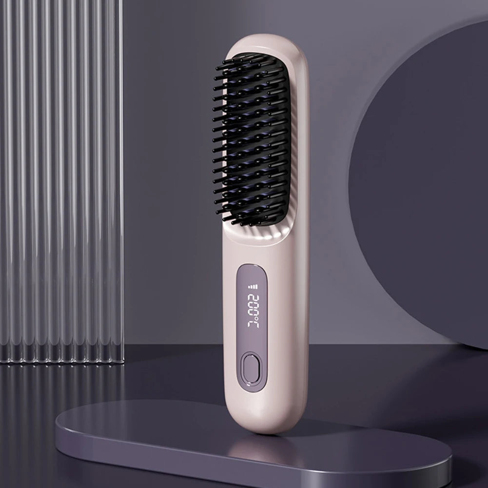 Cordless USB Rechargeable Hair Straightener Brush with Negative Ion Technology for Styling and Detangling