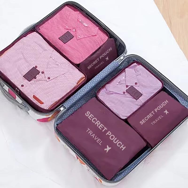 6-Piece Set of Large Capacity Waterproof Travel Storage Bags in Pink, Blue, and Grey with Zipper for Luggage and Clothing Organization