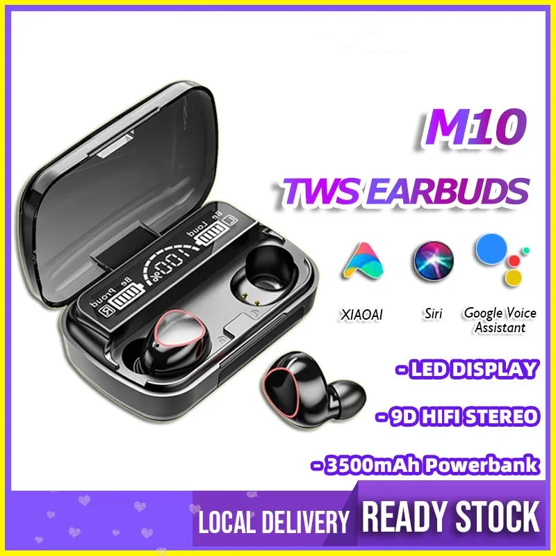TWS M10 Wireless Bluetooth Headphones with LED Display, 3500mAh Charging Case, 9D Stereo Sound, In-Ear Design, Sports Waterproof, Bluetooth 5.1 Technology