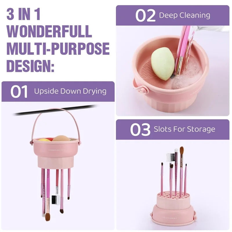 3-in-1 Silicone Makeup Brush Cleaner Mat with Folding Washing Bowl and Scrubber for Powder Puff and Cosmetic Sponge Drying Tools