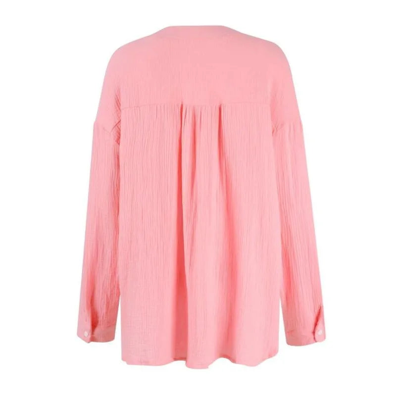 Plus Size Women's Casual Button-Up Shirts - Summer Loose Pleated V-Neck Long Sleeve Blouses (1XL-5XL)