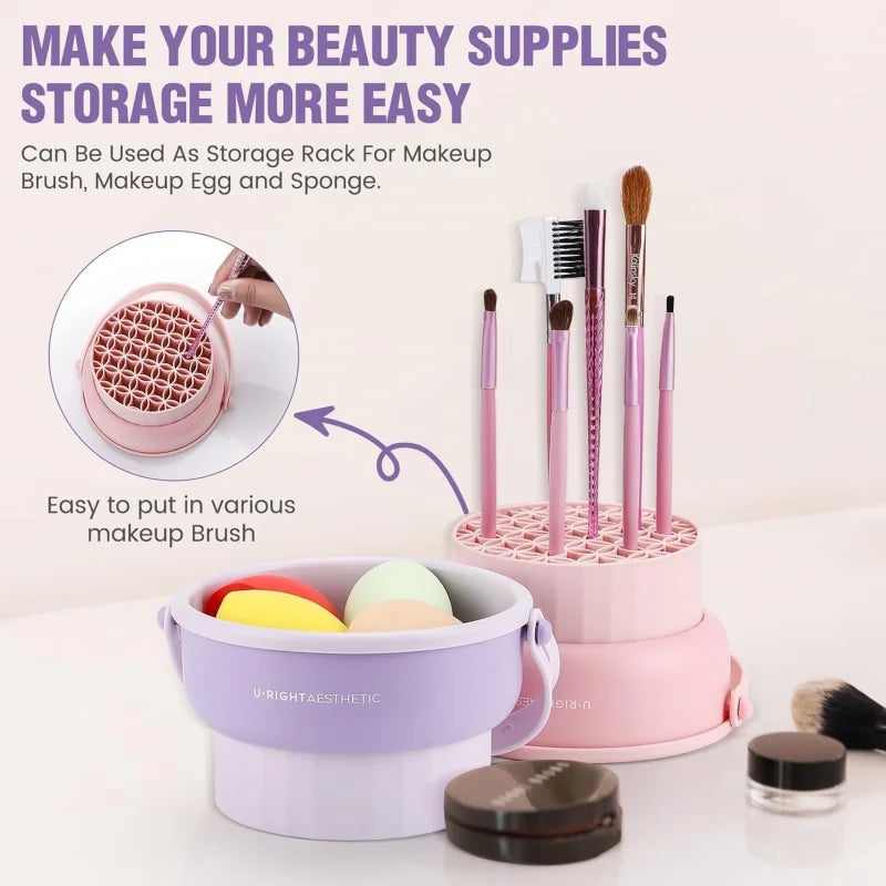 3-in-1 Silicone Makeup Brush Cleaner Mat with Folding Washing Bowl and Scrubber for Powder Puff and Cosmetic Sponge Drying Tools