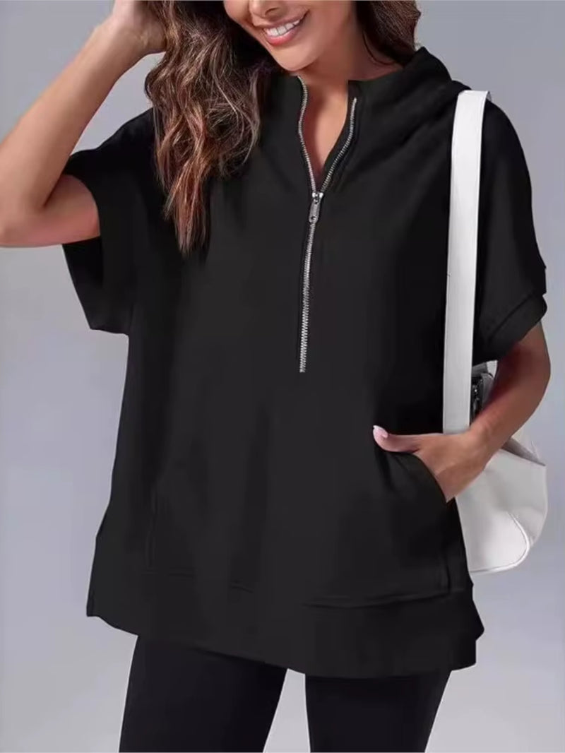 Women's Casual High Street Hooded Sweatshirt with Zipper and Pockets - Short Sleeve Solid Design