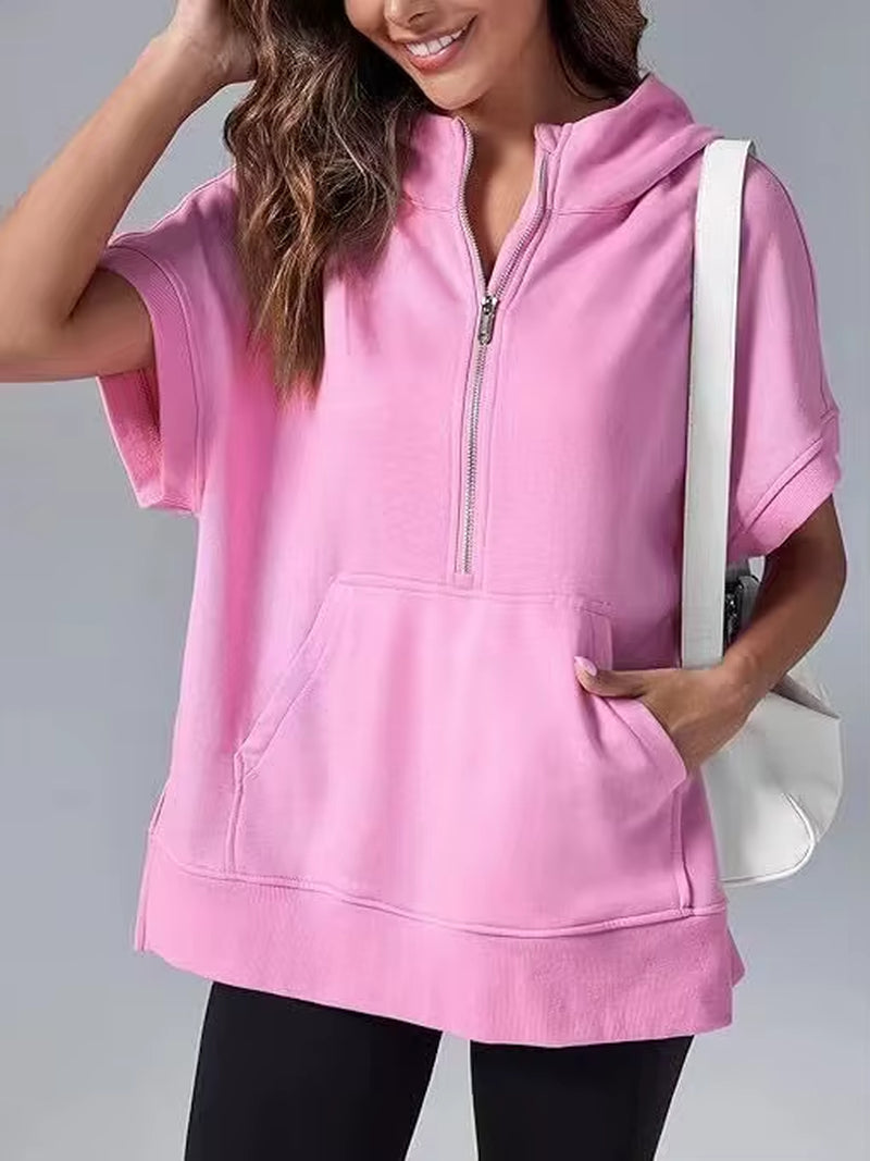 Women's Casual High Street Hooded Sweatshirt with Zipper and Pockets - Short Sleeve Solid Design
