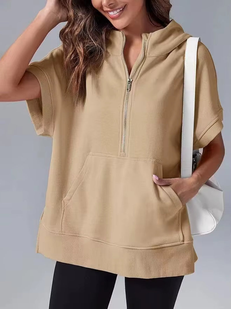 Women's Casual High Street Hooded Sweatshirt with Zipper and Pockets - Short Sleeve Solid Design
