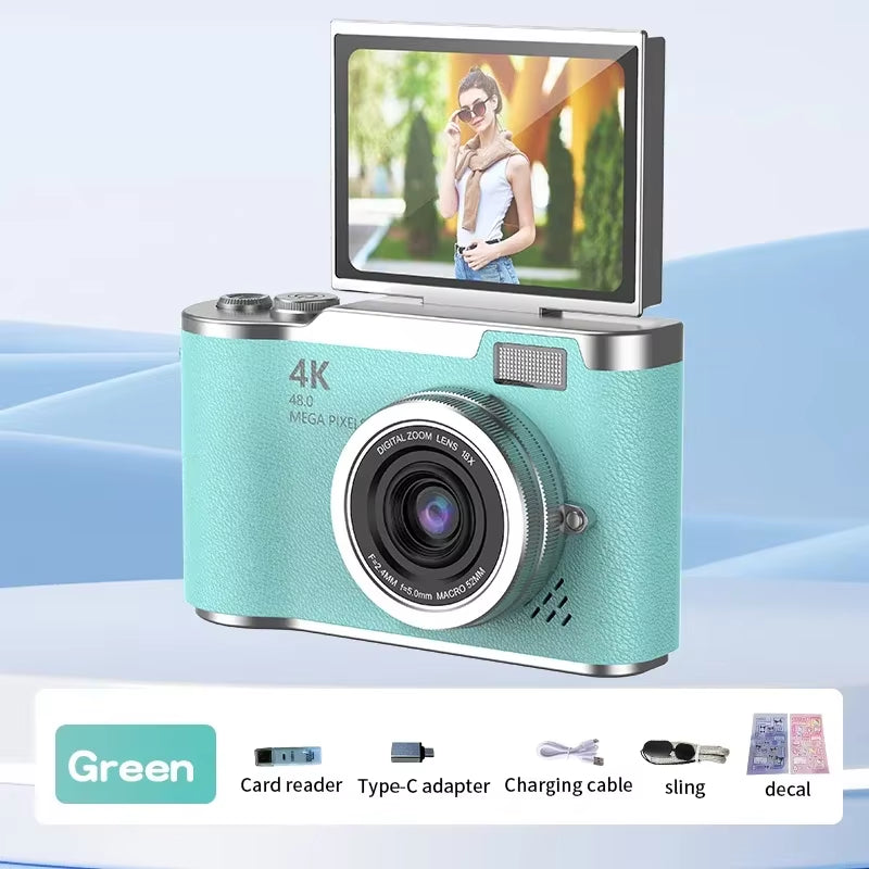 4K CCD Digital Camera - 48MP Compact Photography Camera with 180° Flip Screen for Students and Beginners