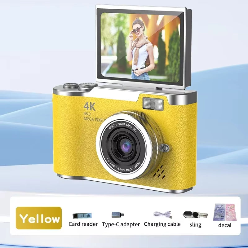 4K CCD Digital Camera - 48MP Compact Photography Camera with 180° Flip Screen for Students and Beginners