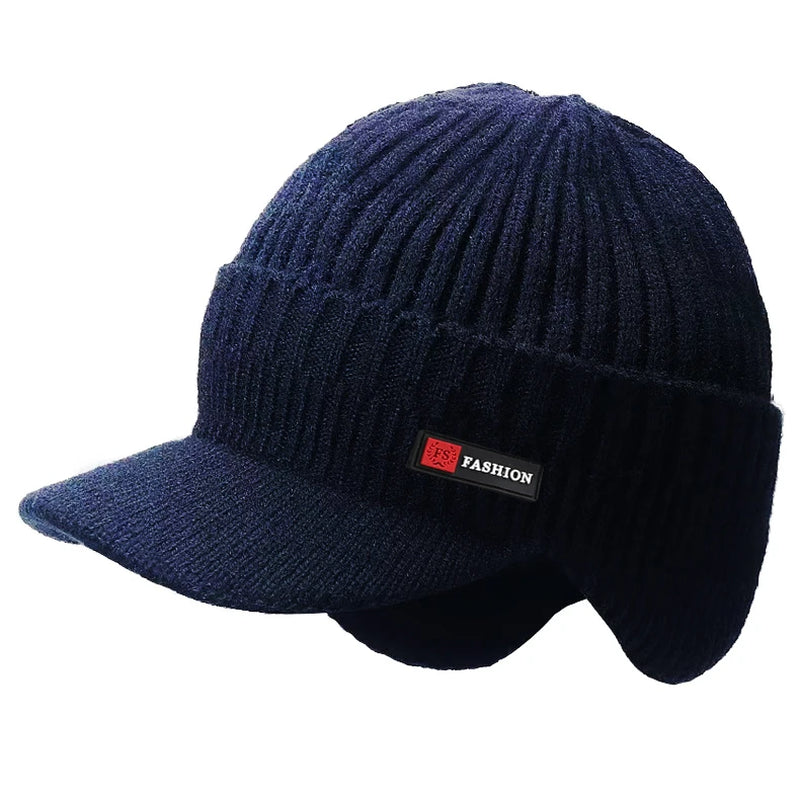 Men's Winter Outdoor Hat with Ear Protection - Warm Thick Knitted Cap, Scarf, and Windproof Visor for Cycling