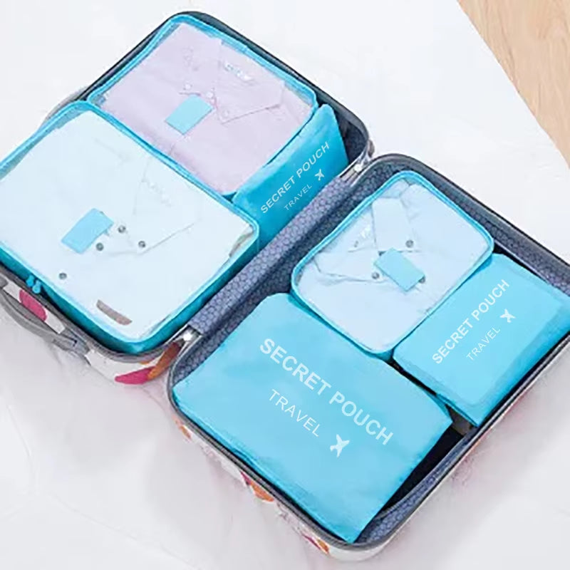 6-Piece Set of Large Capacity Waterproof Travel Storage Bags in Pink, Blue, and Grey with Zipper for Luggage and Clothing Organization