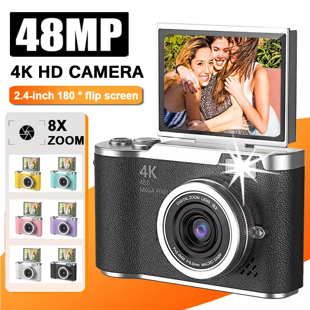 4K CCD Digital Camera - 48MP Compact Photography Camera with 180° Flip Screen for Students and Beginners