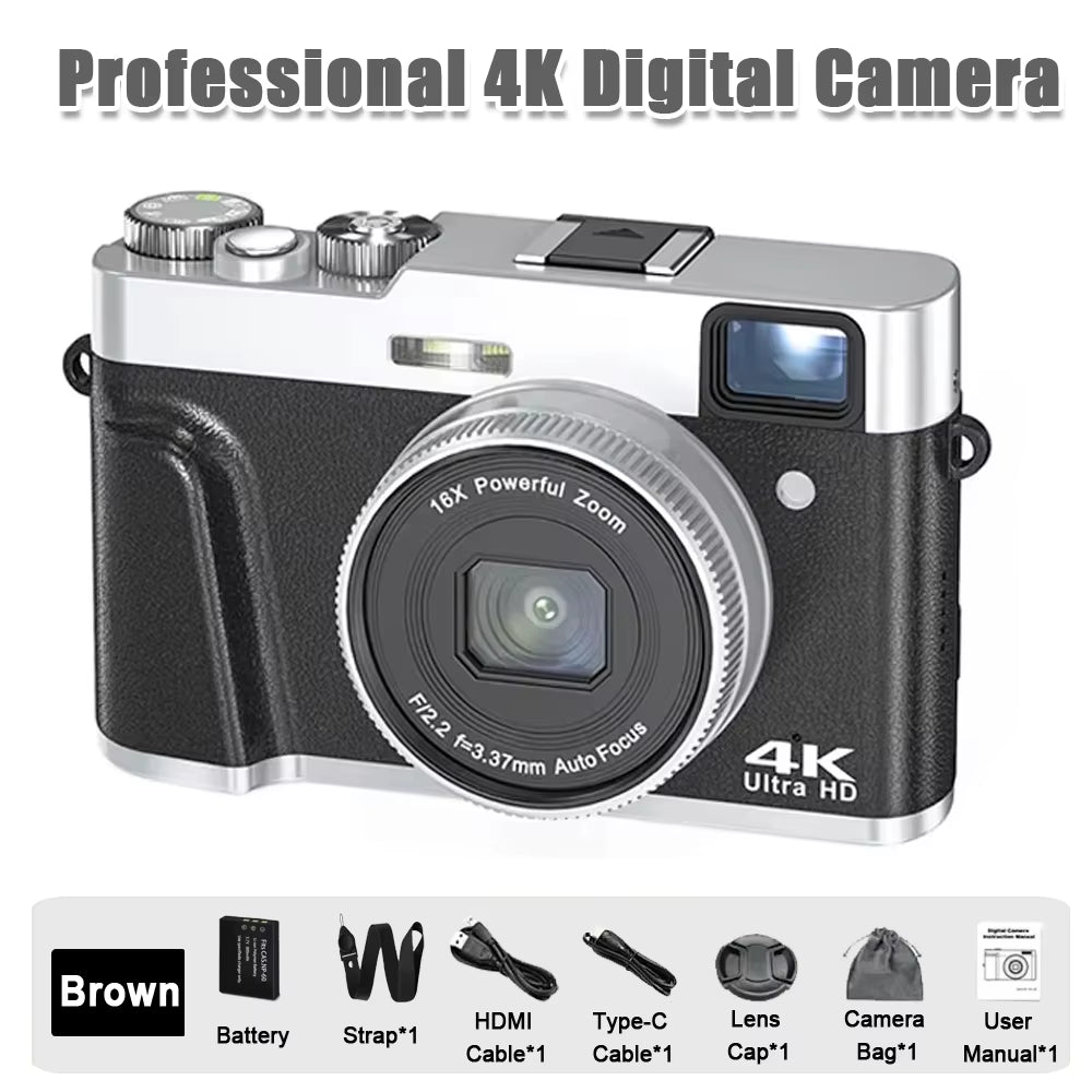 4K CCD Digital Camera - 48MP Compact Photography Camera with 180° Flip Screen for Students and Beginners