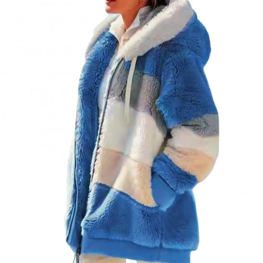 Women's Fleece Parka - Autumn and Winter Long Sleeve Color Block Hooded Jacket with Zipper