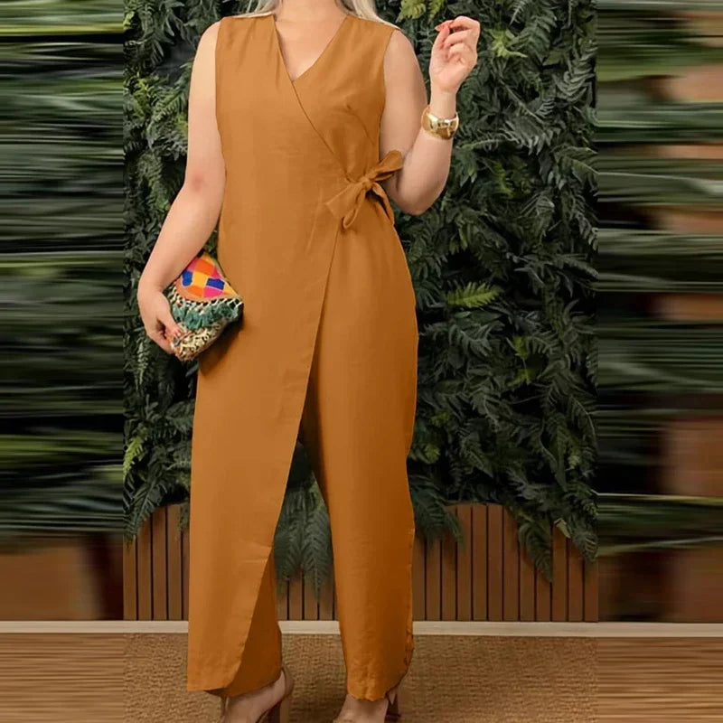 Women's Elegant V-Neck Cross Strap Jumpsuit - Casual Loose Romper with Lace-Up Sleeveless Design for Office and Streetwear