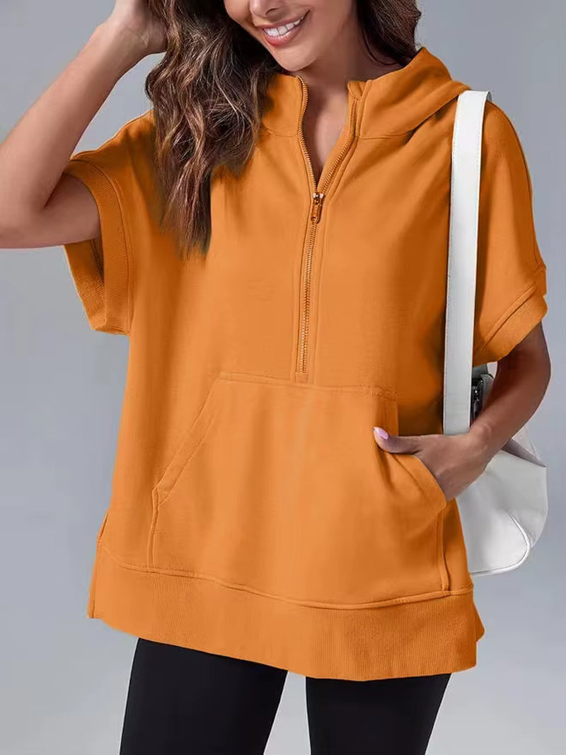 Women's Casual High Street Hooded Sweatshirt with Zipper and Pockets - Short Sleeve Solid Design