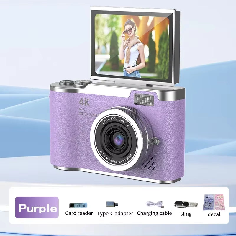 4K CCD Digital Camera - 48MP Compact Photography Camera with 180° Flip Screen for Students and Beginners
