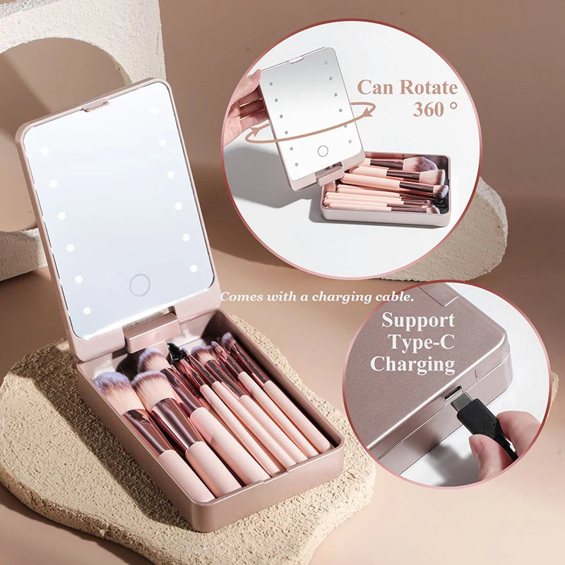 14-Piece Professional Makeup Brush Set with Illuminated Mirror and USB Rechargeable Short Handle Brushes