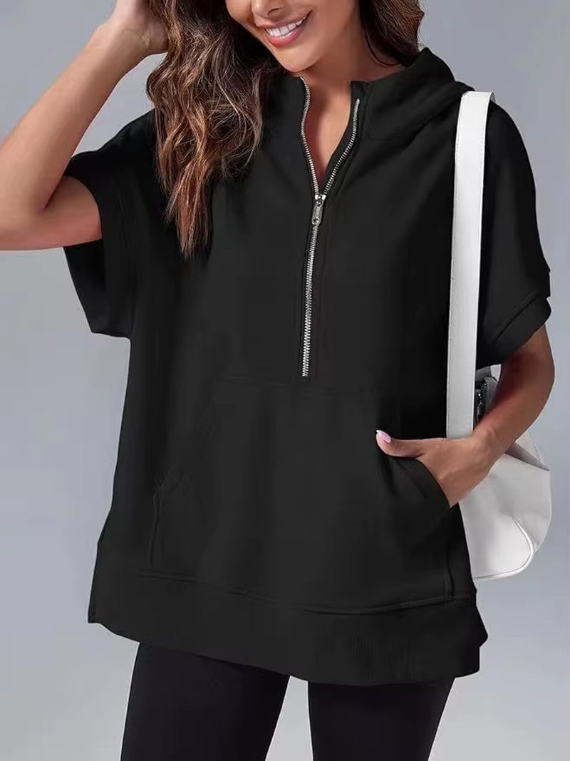 Women's Casual High Street Hooded Sweatshirt with Zipper and Pockets - Short Sleeve Solid Design