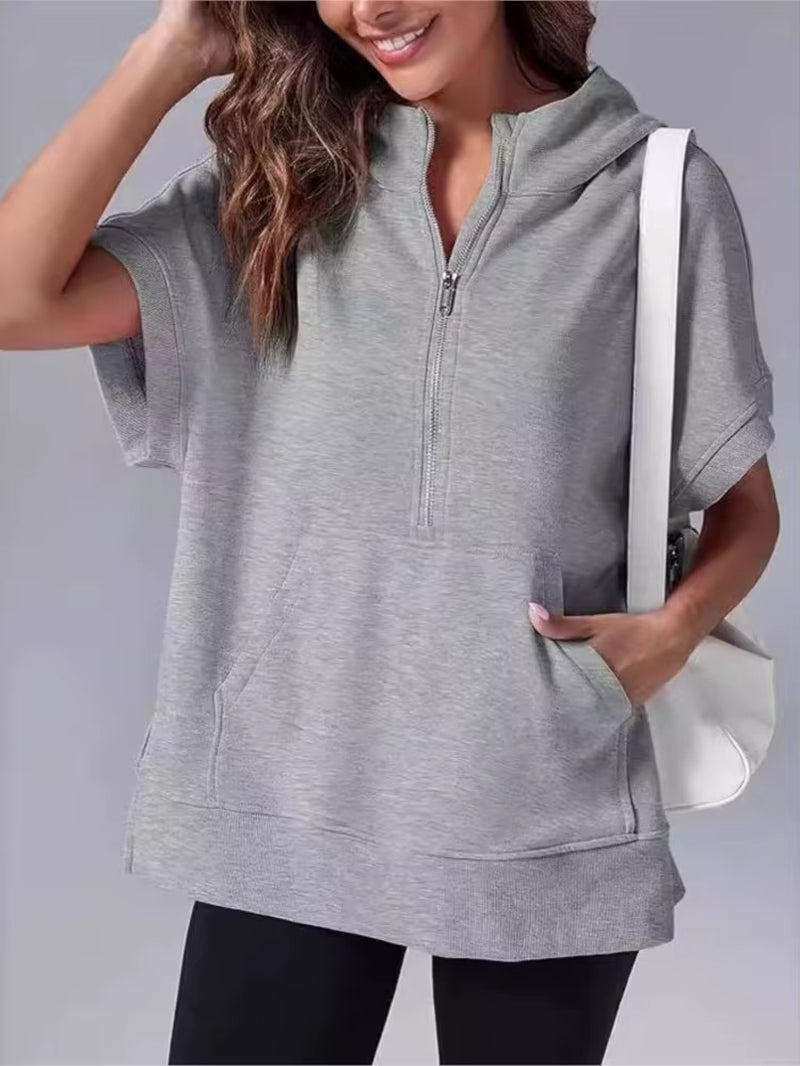 Women's Casual High Street Hooded Sweatshirt with Zipper and Pockets - Short Sleeve Solid Design
