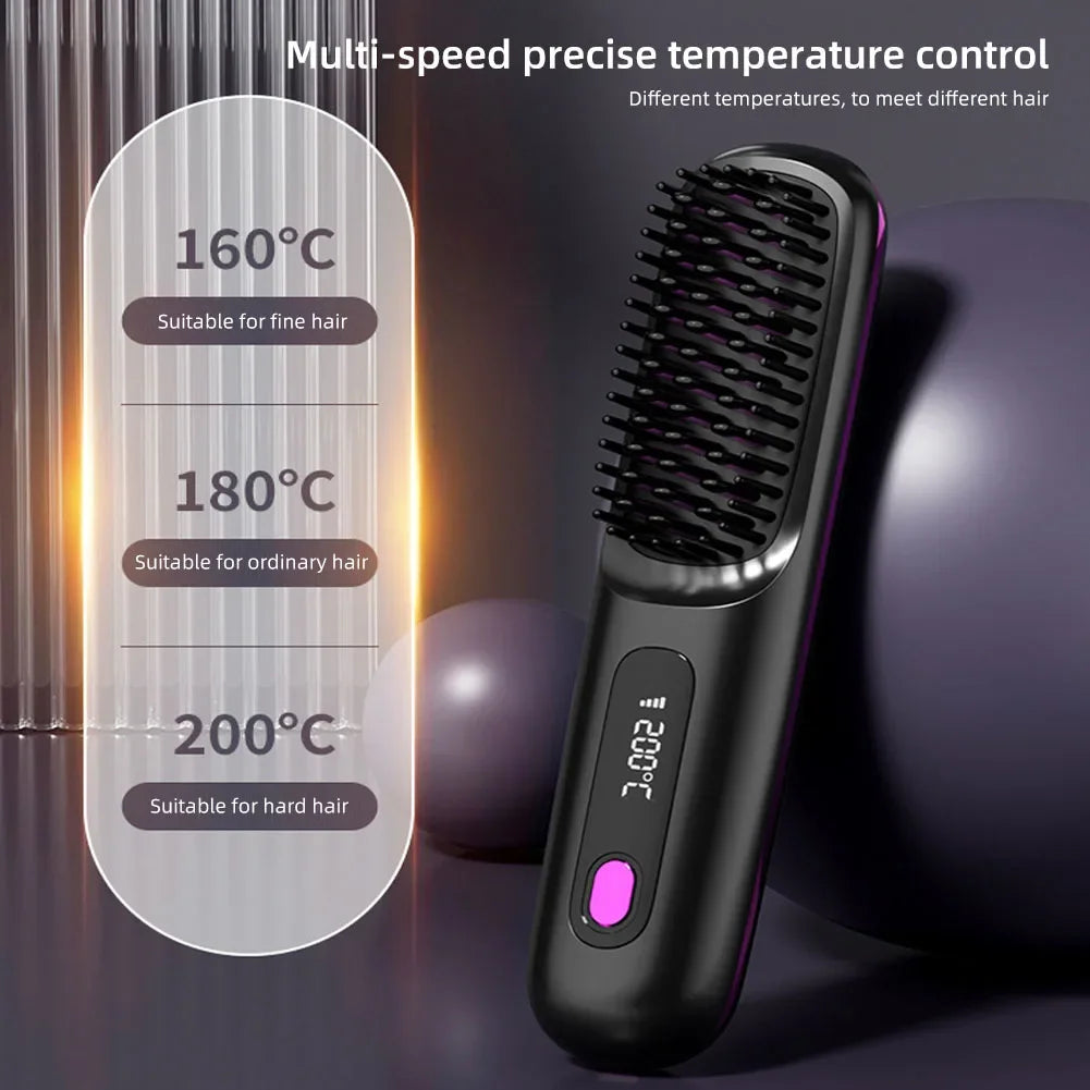 Cordless USB Rechargeable Hair Straightener Brush with Negative Ion Technology for Styling and Detangling