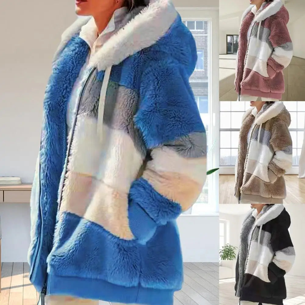 Women's Fleece Parka - Autumn and Winter Long Sleeve Color Block Hooded Jacket with Zipper