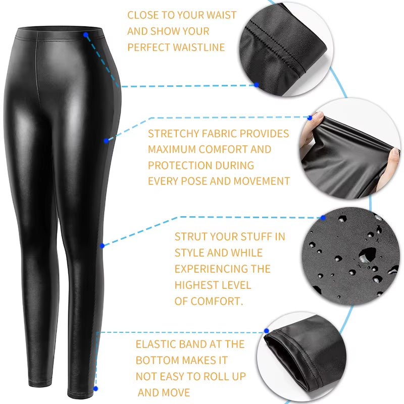 PU Faux Leather Women's Leggings - Stylish Stretchy Fitness Pants, Warm, Waterproof, and Push-Up Design