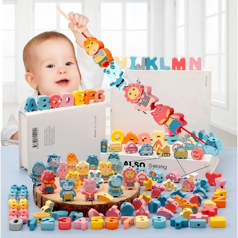 Montessori-Inspired Wooden Lacing Toy Set for Children - Includes Cartoon Animal, Fruit, Letter, and Number Beads for Creative Threading Activities