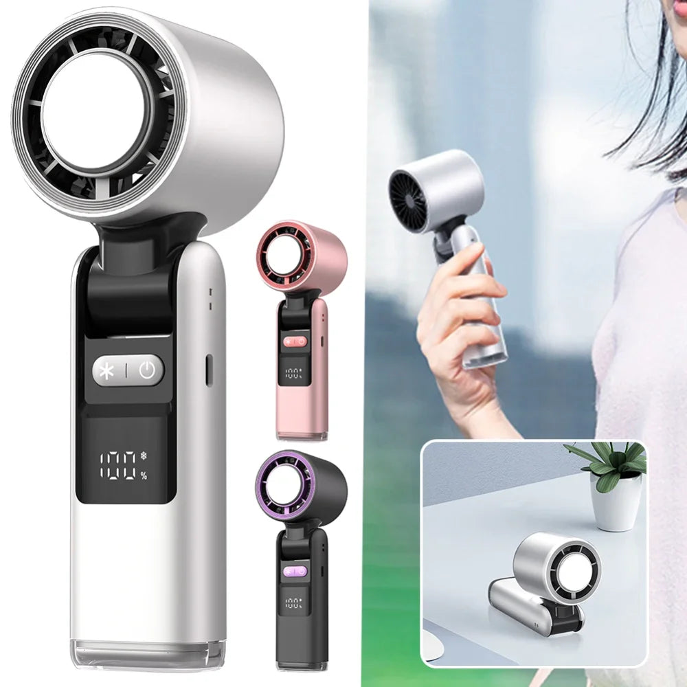 100 Turbos Chilled Ice Sensation Mini Turbo Speed Fan with USB Power and Digital Display for Outdoor Camping, Office, and Dorm Use