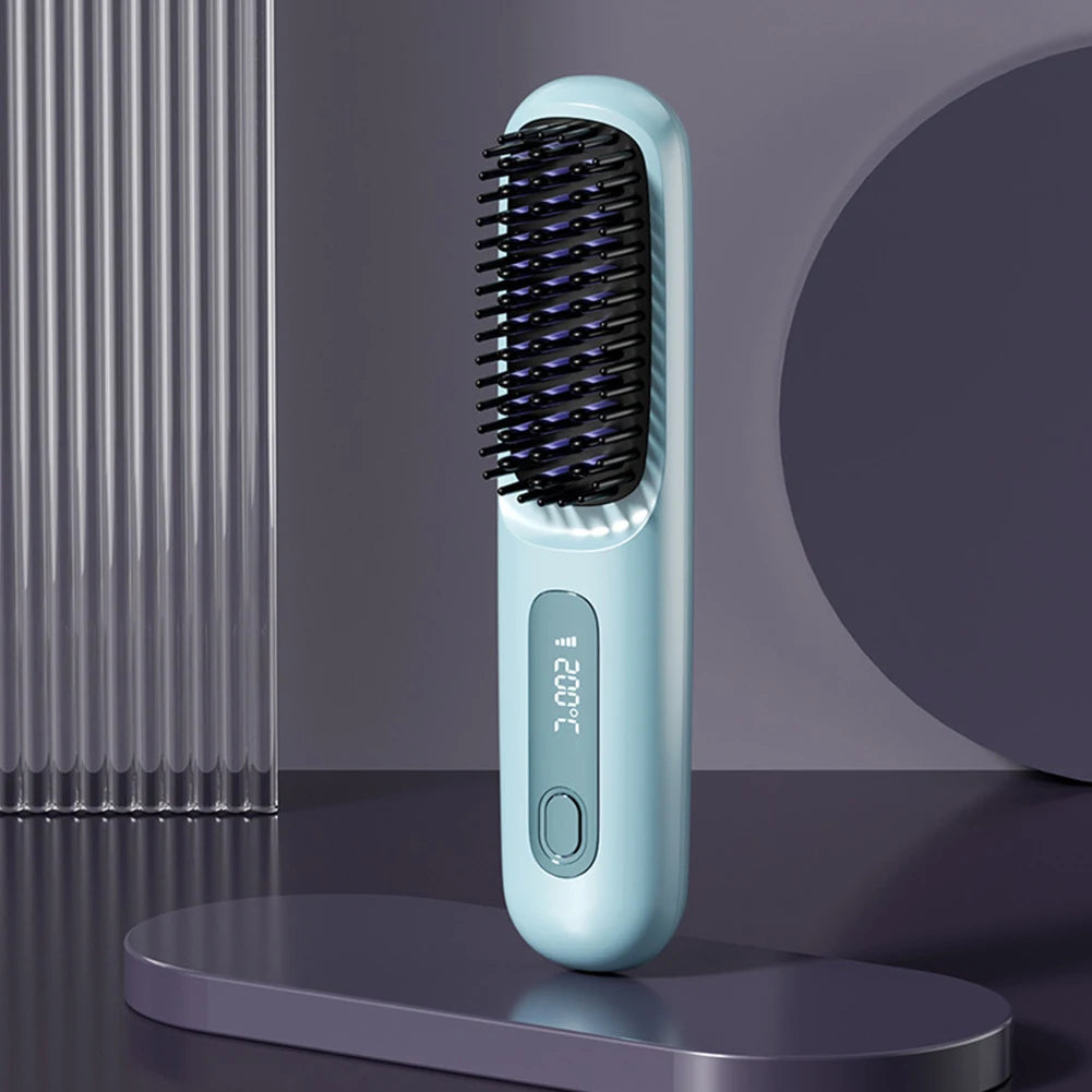 Cordless USB Rechargeable Hair Straightener Brush with Negative Ion Technology for Styling and Detangling
