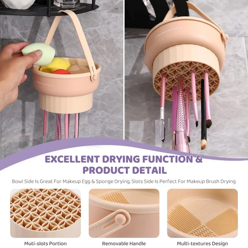 3-in-1 Silicone Makeup Brush Cleaner Mat with Folding Washing Bowl and Scrubber for Powder Puff and Cosmetic Sponge Drying Tools