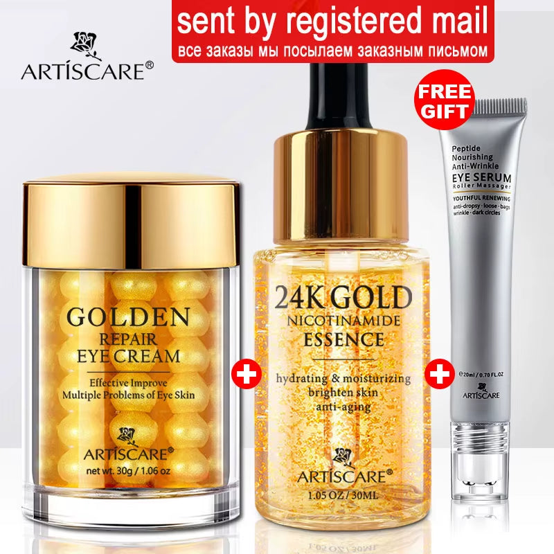 24K Gold Skincare Set: Moisturizing Face Cream, Serum, and Dark Circle Essence - Premium Korean Skin Care Products