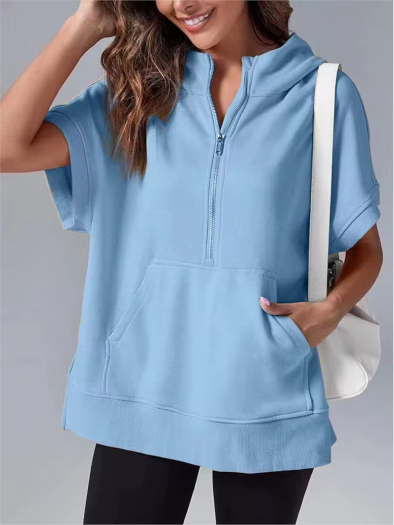 Women's Casual High Street Hooded Sweatshirt with Zipper and Pockets - Short Sleeve Solid Design