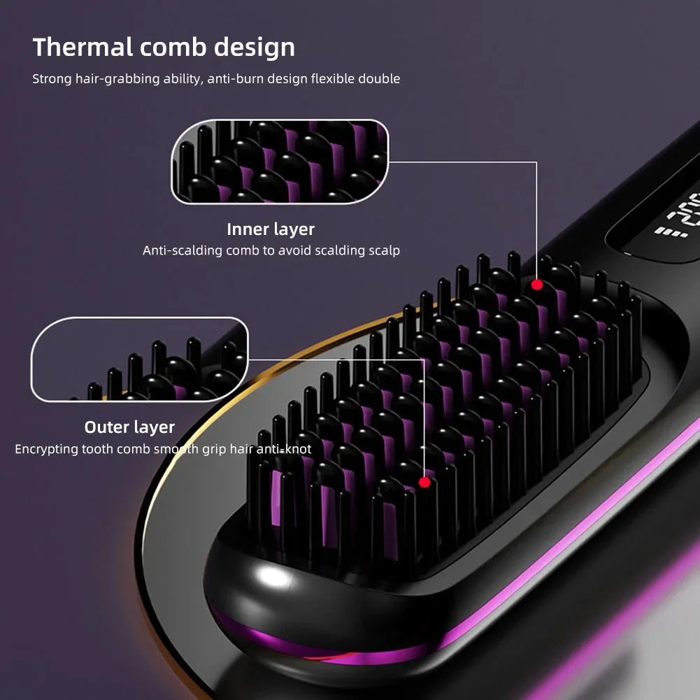 Cordless USB Rechargeable Hair Straightener Brush with Negative Ion Technology for Styling and Detangling