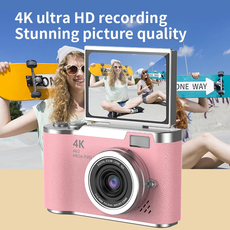 4K CCD Digital Camera - 48MP Compact Photography Camera with 180° Flip Screen for Students and Beginners